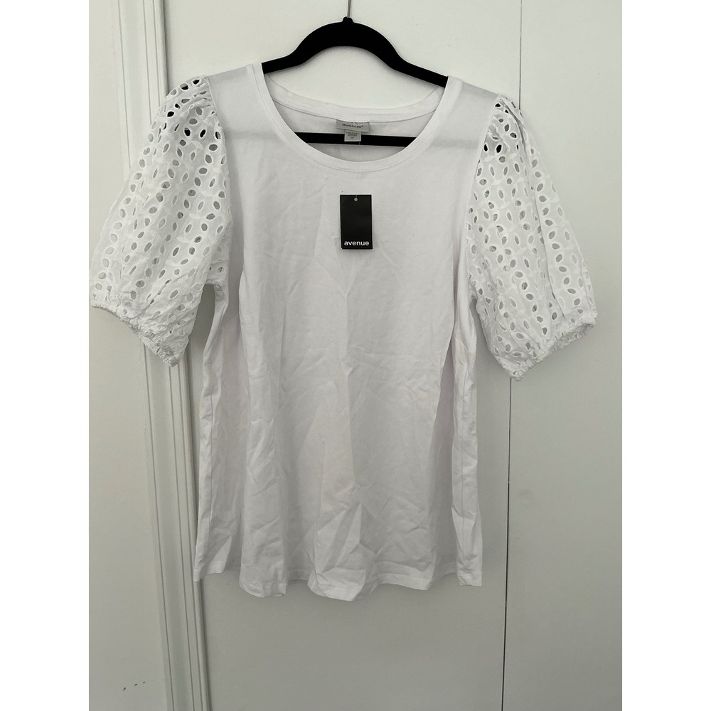 Avenue Top Billy White Eyelet Puff Sleeve Cotton Blend Knit Tee Shirt Sz 16 NWT